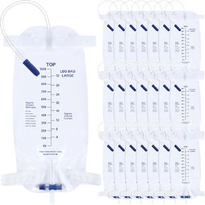 Geiserailie 20 Pcs Leg Urinary Drainage Bag 1000 ml Urine Leg Bag with Anti-Reflux Valve and 2 Adjustable Elastic Bands Urine Bag with Conical Joint Drain Switch for Home and Hospitals Health Aids