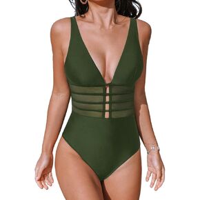 CUPSHE Women's One Piece Swimsuit Tummy Control Bathing Suit Deep V Neck Cut Out Mesh Adjustable Straps