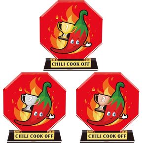 TICIAGA Chili Cook Off Trophies - 3Pcs Chili Pepper Acrylic Trophy Prizes Chili Cook Off Available 1st 2nd 3rd Place Medal Chili Cook Off Decoration for Table Chili Pepper Decor with Base