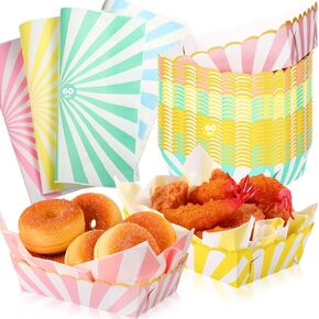60 Sets Pastel Paper Food Trays with Grease Resistant Wax Deli Paper Sheet Disposable Food Boats 4 Colors with Scalloped Gold Foil Pastel Party Supplies for Hot Dog Fries Taco Popcorn