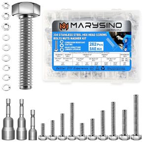 262Pcs Hex Head Nuts and Bolts Assortment Kit, 1/4-20 Bolt, 5/16-18 Bolt, 3/8-16 Metric Bolt Assortment, Stainless Steel Machine Screw Assortment Kit with Bolts and Flat & Lock Washers by Marysino