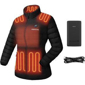 Venustas Women's Heated Puffer Jacket (Black,M) and Extra 7.4V 10000mAh Battery