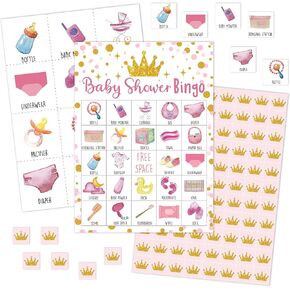Baby Shower Bingo Games Cards, Pink Princess Bingo Game Set, Gold Glitter Baby Shower Bingo Supplies for Adults Famiy Friends, Gender Reveal Party Decorations -21