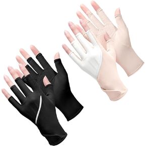 Loopeer 2 Pair Women UV Sun Protection Fingerless Gloves Half Finger Touchscreen Non Slip Gloves Breathable Summer Gloves