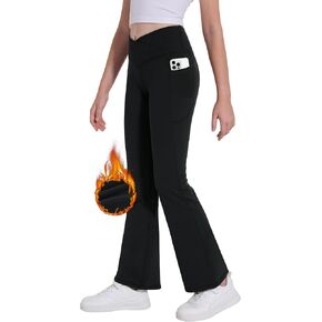 Desol Girl's Fleece Lined Flare Leggings with Pockets Crossover High Waisted Dance Bootcut Yoga Pants for Winter in Kuwait