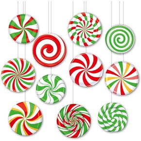 Funrous 66 Pack Christmas Candy Cutouts Double Sided Xmas Colorful Peppermint Candies Cutouts Candyland Party Decorations with Adhesive Dots for Xmas Wall Window Bulletin Board Candy Theme Party