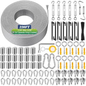 220 FT 1/16" Wire Rope Kit 304 Stainless Steel Cable with M5 Turnbuckles for Cables Wire, Vinyl Coated String Lights Hanging Wire for Outdoor Camping, Trellis, Garden, Clothes line, Curtain, Festival