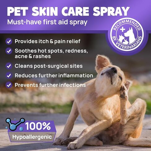 بخاخ لعلاج البقع الساخنة وتخفيف الحكة للكلاب والقطط، بخاخ علاج للحيوانات الأليفة للحكة والجلد المتهيج والحساسية والطفح الجلدي - العناية بالجروح بدون ألم ورذاذ آمن لللعق لجميع الحيوانات (3.4 أونصة سائلة) in Kuwait