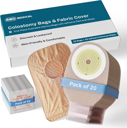 20 PCS Colostomy Bags – Ostomy Supplies - One-Piece Drainable Ostomy Bag with Odor Control for Ilestomy Stoma Care, Includes Measuring Guide, Ostomy Bag Covers, Adhesive Remover Wipes - Cut-to-Fit in Kuwait
