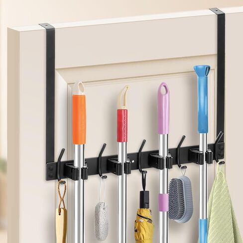 Broom Holder Over the Door, Stainless Steel Heavy Mop and Broom Holder Wall Mount, Over the Door Hooks for Garage Closet Laundry - 4 Racks with 5 Hooks, Black in Saudi Arabia