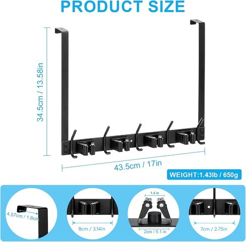 Broom Holder Over the Door, Stainless Steel Heavy Mop and Broom Holder Wall Mount, Over the Door Hooks for Garage Closet Laundry - 4 Racks with 5 Hooks, Black in Saudi Arabia