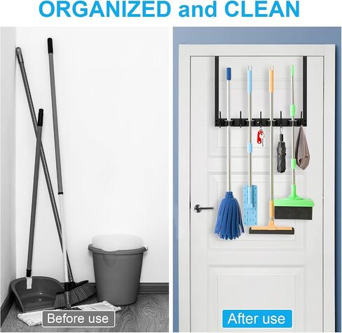 Broom Holder Over the Door, Stainless Steel Heavy Mop and Broom Holder Wall Mount, Over the Door Hooks for Garage Closet Laundry - 4 Racks with 5 Hooks, Black in Saudi Arabia