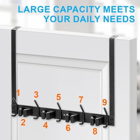 Broom Holder Over the Door, Stainless Steel Heavy Mop and Broom Holder Wall Mount, Over the Door Hooks for Garage Closet Laundry - 4 Racks with 5 Hooks, Black in Saudi Arabia