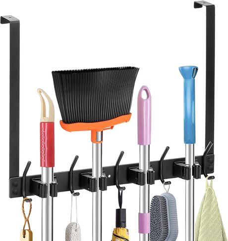 Broom Holder Over the Door, Stainless Steel Heavy Mop and Broom Holder Wall Mount, Over the Door Hooks for Garage Closet Laundry - 4 Racks with 5 Hooks, Black in Saudi Arabia