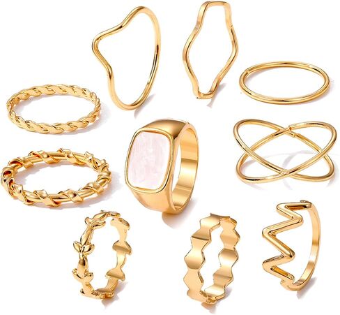 10pcs Jewelry For Women Rings 14k Gold Plated Ring Sets Non Tarnish Dainty Trendy Stacking Rings Jewelry Simple Fashion Cute Stackable Delicate Packaging Costume Jewelry Rings Plain Band Size in Saudi Arabia