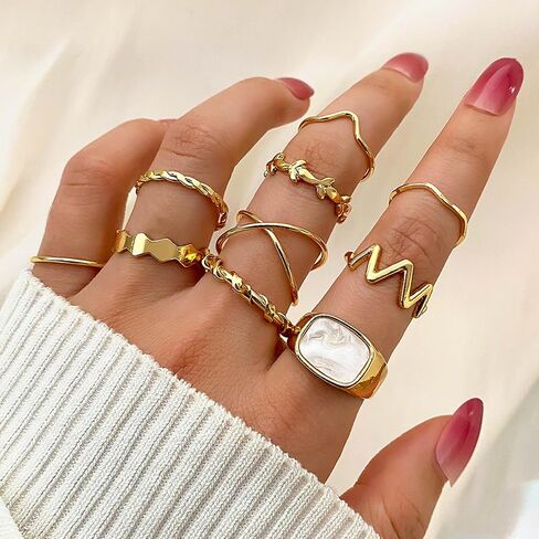 10pcs Jewelry For Women Rings 14k Gold Plated Ring Sets Non Tarnish Dainty Trendy Stacking Rings Jewelry Simple Fashion Cute Stackable Delicate Packaging Costume Jewelry Rings Plain Band Size in Saudi Arabia