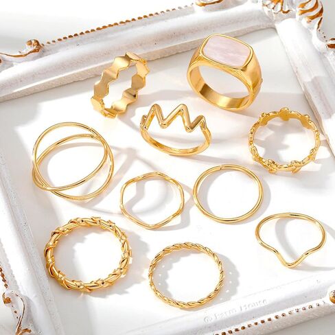 10pcs Jewelry For Women Rings 14k Gold Plated Ring Sets Non Tarnish Dainty Trendy Stacking Rings Jewelry Simple Fashion Cute Stackable Delicate Packaging Costume Jewelry Rings Plain Band Size in Saudi Arabia