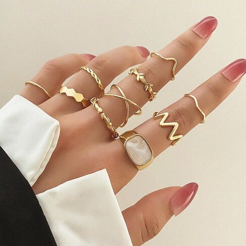 10pcs Jewelry For Women Rings 14k Gold Plated Ring Sets Non Tarnish Dainty Trendy Stacking Rings Jewelry Simple Fashion Cute Stackable Delicate Packaging Costume Jewelry Rings Plain Band Size in Saudi Arabia
