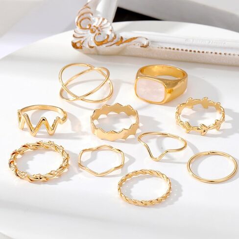 10pcs Jewelry For Women Rings 14k Gold Plated Ring Sets Non Tarnish Dainty Trendy Stacking Rings Jewelry Simple Fashion Cute Stackable Delicate Packaging Costume Jewelry Rings Plain Band Size in Saudi Arabia