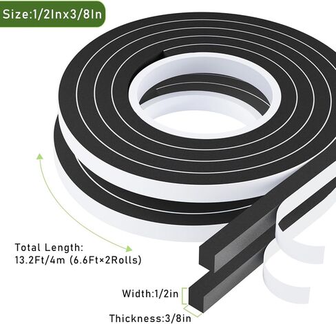 Weather Stripping Door Seal Black,1/2Inch Wide X 3/8Inch Thick,Air Conditioner Window Seal,Self Adhesive Foam Tape High Density Foam Sealing Strip,Soundproof Foam Tape Roll,2 Rolls Total 13.2Ft in Kuwait