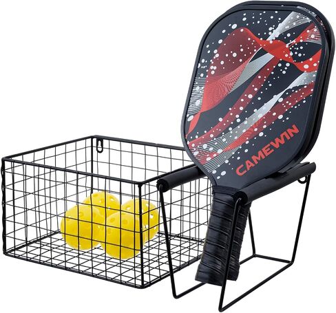رف وتخزين كرة بيكلبول معدنية سوداء غير لامعة مثبتة على الحائط مقاس 16 بوصة من MyGift، منظم معدات التعليق مع حامل مضرب وسلة للكرات in Saudi Arabia