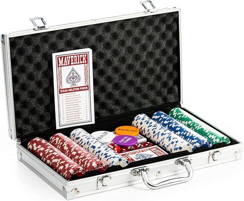 مجموعة لعبة البوكر Maverick Texas Hold 'Em مع علبة من الألومنيوم، و300 رقاقة بوكر كازينو بوزن 11 جرام، ومجموعتين من أوراق لعب Maverick، و5 نرد أحمر، و3 أزرار لعبة كازينو للبالغين in Saudi Arabia