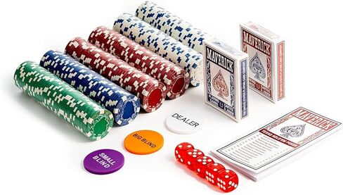 مجموعة لعبة البوكر Maverick Texas Hold 'Em مع علبة من الألومنيوم، و300 رقاقة بوكر كازينو بوزن 11 جرام، ومجموعتين من أوراق لعب Maverick، و5 نرد أحمر، و3 أزرار لعبة كازينو للبالغين in Saudi Arabia