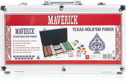مجموعة لعبة البوكر Maverick Texas Hold 'Em مع علبة من الألومنيوم، و300 رقاقة بوكر كازينو بوزن 11 جرام، ومجموعتين من أوراق لعب Maverick، و5 نرد أحمر، و3 أزرار لعبة كازينو للبالغين in Saudi Arabia