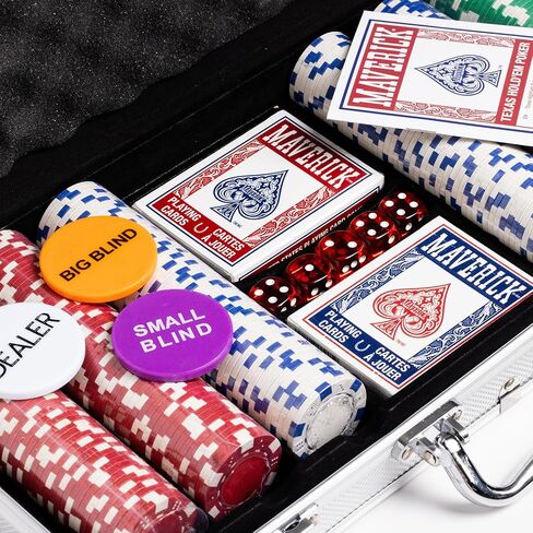 مجموعة لعبة البوكر Maverick Texas Hold 'Em مع علبة من الألومنيوم، و300 رقاقة بوكر كازينو بوزن 11 جرام، ومجموعتين من أوراق لعب Maverick، و5 نرد أحمر، و3 أزرار لعبة كازينو للبالغين in Saudi Arabia
