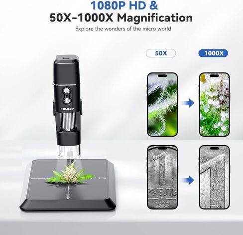 TOMLOV DM1 مجهر رقمي لاسلكي تكبير 50x-1000x مع حامل، واي فاي محمول باليد USB عالي الدقة للفحص المجهري للعملات المعدنية المكبر لكاميرا iPhone iPad Android والكمبيوتر in Kuwait
