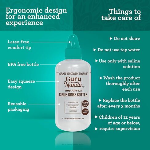 GuruNanda Sinus Rinse Bottle - Comfort Tip for Natural Nasal Irrigator Relief for Adults & Kids - 240ml Capacity in Saudi Arabia