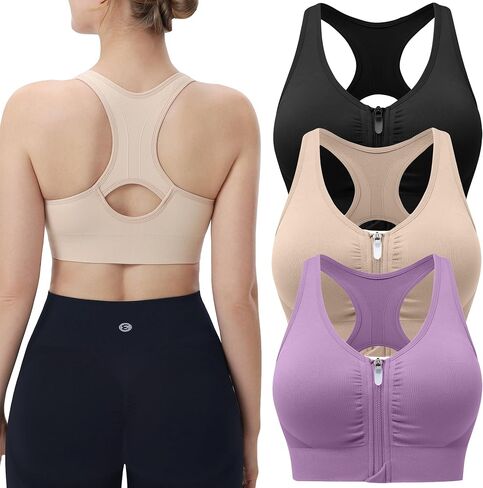Evercute Women's Zip Front Sports Bras Wireless Padded Racerback Medium Support Post-Surgery Bra Yoga Exercise Athletic Bras in Saudi Arabia