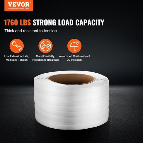 لفافة ربط الحبل المنسوجة من VEVOR، طول 1640 بوصة × عرض 3/4 بوصة × سمك 0.03 بوصة، قوة كسر 1763 رطل، ملف حزام البليت عالي التحمل، أشرطة تعبئة قوية محمولة، أبيض in Saudi Arabia