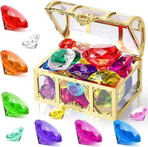 FUTUREPLUSX 20 قطعة لعبة حمام السباحة جوهرة الغوص، جوهرة مع صندوق الصدر القراصنة الكنز الصيف تحت الماء مجموعة الأحجار الكريمة الأكريليك ألعاب السباحة الصيفية الغوص رمي تحت الماء هدية اللعبة in Kuwait