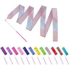 JBM Dance Ribbons 12Pack Ribbon Wands 6.6ft Rainbow Gymnastics Ribbon Dance Twirling Sticks Batons Streamers