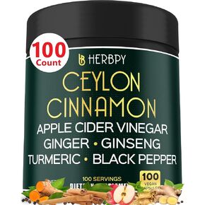 6in1 Premium Ceylon Cinnamon Supplements 7550mg Plus Apple Cider Vinegar, Turmeric, Ginger, Panax Ginseng & Black Pepper for Daily Activities, Heart Health, Body Balance & Digestion - 100 Count