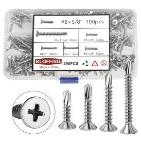 Self Tapping Screws for Metal 290Pcs, Flat Head High-Strength Quick Self-Drilling Screws, #8 Sheet Metal Screws for Metal Wood Plastic, 4 Sizes (5/8", 3/4", 1", 1-1/4")