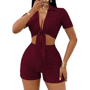 MSLG Women's Sexy 2 Piece Set Solid Summer Bodycon Suit Casual Tie Front Short Sleeve V Neck Crop Top Shorts Outfits Sets S42