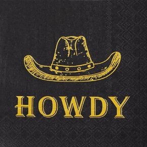 Western Party Decorations - 50PK - HOWDY Napkins Cowboy Party Decorations 5x5 Inches, Disposable Cocktail Napkins Paper for Cowgirl Birthday Last Rodeo Nashville Bachelorette Black and Gold