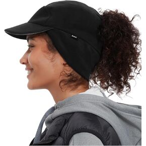 Hat Hut Fleece Ponytail Hat for Women, Satin Lined Winter Hat with Earflaps Reflective Sports Cap with Ear Warmers
