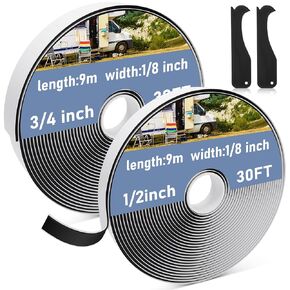 2 Pack Butyl Sealant Tape 1/8" x 3/4" x 30 ft and 1/8" x 1/2" x 30 ft One Roll Each Butyl Rubber Caulk Tape for Window Sealant, Roof Caulk, Butyl Rubber Roll, Rubber Roof Patching (White)
