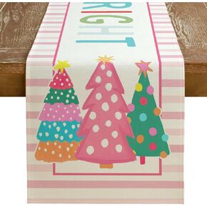 GEEORY Christmas Table Runner 13x72 Inch, Striped Trees Merry and Bright Xmas Decorative Farmhouse Table Decoration for Kitchen Dinning, Indoor Outdoor Dinner Party (Pink) GT125-72