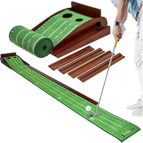 Golf Putting Green Mat 10ft, Indoor Putting Mat with Ball Return, Two Hole Putting Mat for Accuracy, Solid Wood Base Putting Mat, Non Slip Golf Mat for Practice