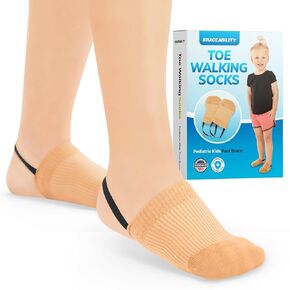 BraceAbility Toe Walking Socks (Pair) - Pediatric Kids Foot Brace for Comfortable Tip Toe Walking Prevention and Correction for Children and Toddlers, Cerebral Palsy Equipment, ADHD Support (M - Beige)