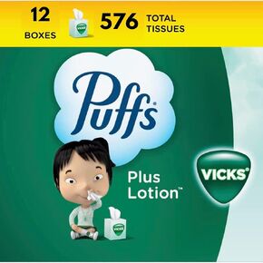 Puff Plus Lotion Vicks Facial Tissue 12 Cubes | Soft Lotion Tissues | Nose Friendly Tissues (48 Tissues Per Box)