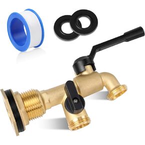 Rain Barrel Spigot Kit - with 2 Way NPT 3/4'' Outlet, Brass Rain Water Barrel Spigot with 1-1/4 inch Bulkhead Fitting for Rain Water Collection Barrel