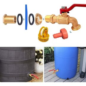 Rain Barrel Spigot, Brass Faucet Kit for Rain Water Barrel, Water Tanks, Tubs, Pools Etc, Turn Ball Valve Rain Barrel Spigot with Bulkhead Fitting Set