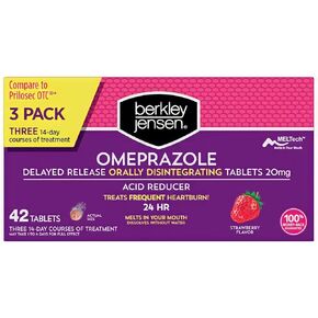 Berkley Jensen Omeprazole 20 mg, Delayed Release Dissolving Acid Reducer Pills - 3 x 14-Day Regimen, 24-Hour Effect - Heartburn Relief, Eases Acid Reflux - Strawberry Flavor 42-Count