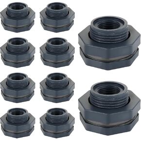 10PCS Bulkhead Fitting 1/2 inch Double Threaded Bulkhead Water Tank Connector PVC Bulkhead Fitting Threaded Thru-Bulk Pipe Fittings for Rain Barrels, Aquariums, Ponds, Water Tanks