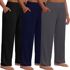 Neer 3 Pack Women Plus Size Wide Leg Yoga Pants High Waist Sweatpants Plus Size Palazzo Pants Lounge Pants with Pockets(Black, Dark Grey, Navy Blue,5x-large)